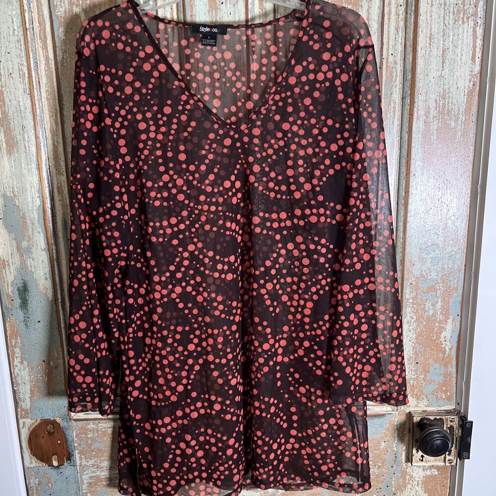 Style & Co Women's L Swimsuit Bikini Cover-up Caftan Sheer Polka Dot Shirt
